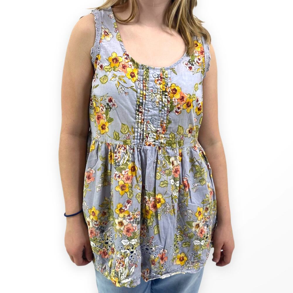 LAUREN CONRAD Blue Floral Print Sleeveless Peplum Tank Top Blouse
